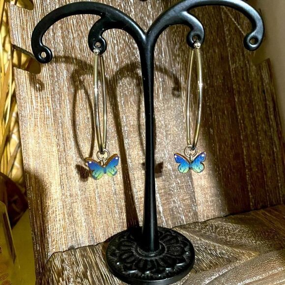 Stainless Steel Wooden Butterfly Hoop Earrings - Picture 3 of 3